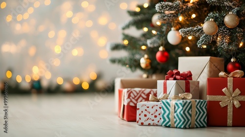 Christmas tree with beautifully wrapped presents in a cozy atmosphere.