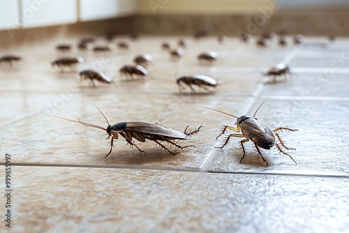 Brown cockroaches crawling on kitchen floor, searching for food scraps. Health hazard, carry diseases. Prevent infestation, call exterminator. Harmful to home and family