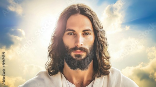 The calm figure with flowing hair and a beard embodies peace and reflection, surrounded by a backdrop of fluffy clouds and bright sunlight