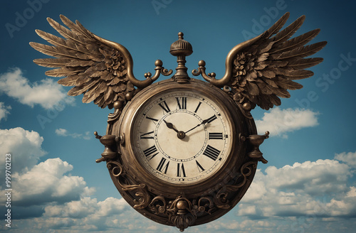 vintage clock with wings, floating in the sky, symbolizing the passage of time