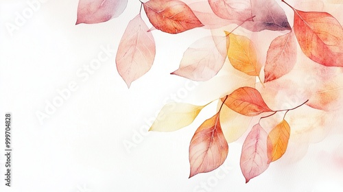 Simple and elegant abstract fallen leaves and branches watercolor background, white background, banner. For card, invitation, web, social media, presentation, slide show, marketing, advertising.