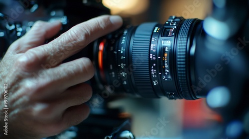 Close-up of a hand adjusting the lens of a camera.