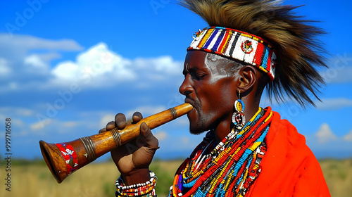 A Man in Traditional African Clothing Plays a Wooden Flute Under a Blue Sky with White Clouds