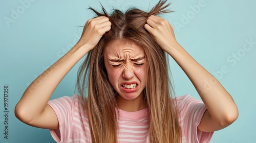 Sad woman with a bad hair day expressing negativity, capturing the essence of emotional struggle and the impact of appearance on self-esteem and mood in daily life