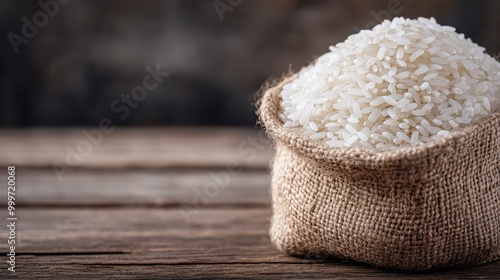 An overfilled burlap sack filled to the brim with white rice, placed on a wooden table that exudes a rustic and essential feel to the overall scene.