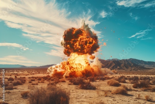 A massive explosion in the middle of a desert with debris and smoke spreading outwards