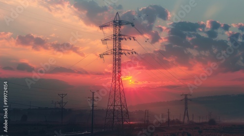 A picture of sunset viewed from behind a row of power lines