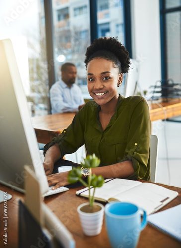 Portrait, business and black woman with pc, smile or editing article with internet, research or publisher. Face, employee or journalist with computer, connection or website design for online magazine