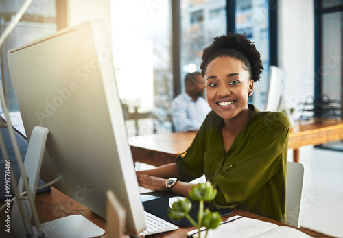 Portrait, business and black woman with computer, smile and connection with internet, research or online article. Face, employee or journalist with pc, creative or website design for magazine editing