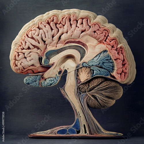 Neurological Wonders: Detailed Cutaway of Human Brain Unveiling Cerebrum, Cerebellum, Brainstem, and Neural Networks