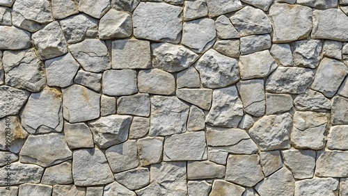 Grey lumpy stone wall with cracks and white flecks, panoramic view