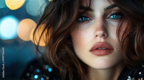 Close-up of an elegant woman with striking blue eyes surrounded by beautiful bokeh lights, creating a captivating and artistic portrait of allure and beauty.