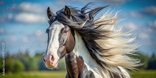 Gypsy Vanner Horse mare with windblown forelock in open paddock Extreme Close-Up