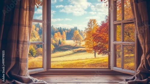 Autumn Landscape View from Window with Colorful Trees