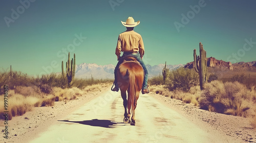 cowboy rides horse down dusty desert road. He is wearing cowboy hat and riding away from camera.