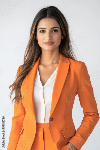 young indian business woman wearing orange suit standing on white background