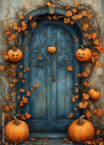 Delicate, organic shapes winding around the doors of an old castle, with pumpkins and ghosts intertwined in flowing lines and ornaments, secessionist style halloween theme, free space for text