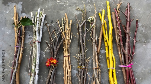 sticks decorated with various twigs for palm sunday processions