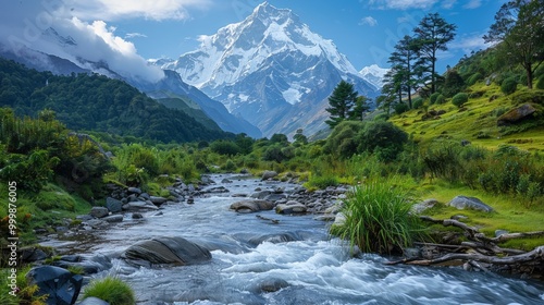 Himalayan Mountains with valley river and prayers 