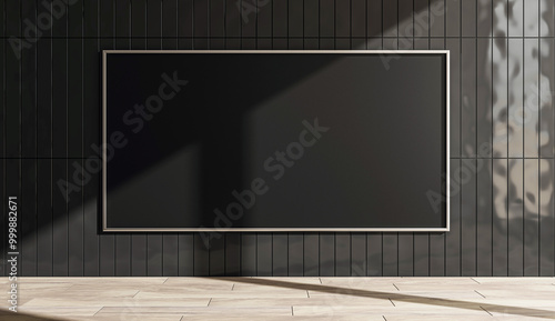 Black billboard mockup on a black tiled wall with sunlight. 3D Rendering