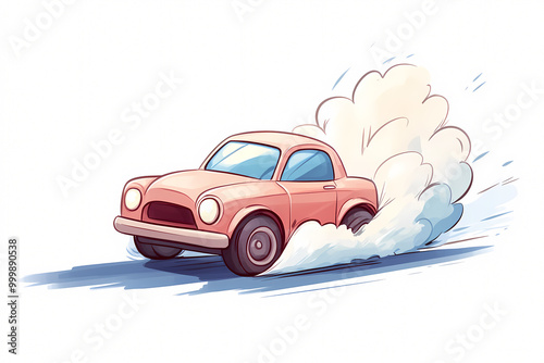 A cartoon car is driving on a road with smoke coming out of its wheels. The car is going fast and he is in a race