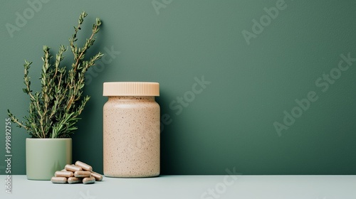 Natural Herbal Supplements in a Jar and Plant on Green Background