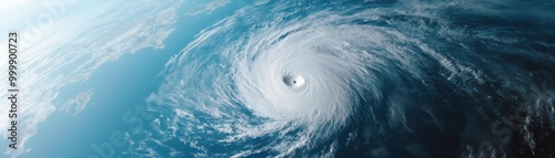 Satellite view of a powerful hurricane swirling over the ocean.