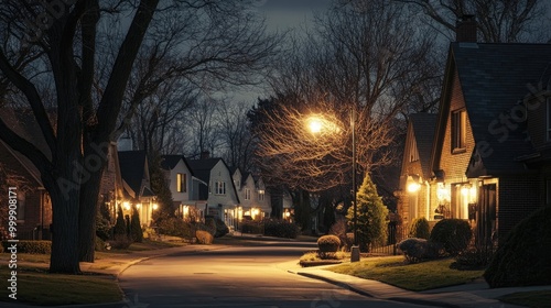 A peaceful suburban street at night, with houses adorned with soft exterior lights and trees casting shadows, creating a serene and inviting nighttime scene.