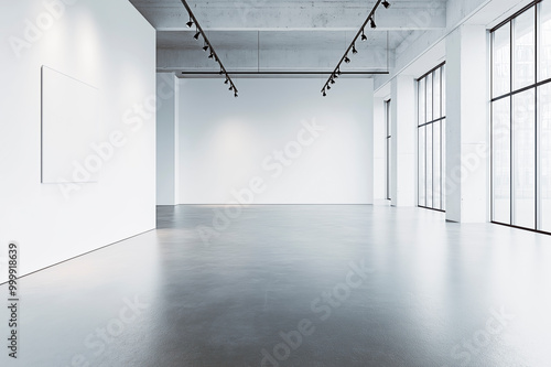 Modern empty art gallery with white walls and large windows.