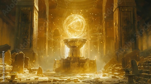 A mystical chamber with a glowing orb above an ornate bowl, surrounded by ruins and dust.