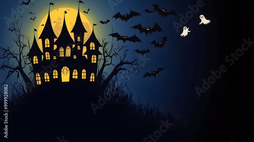 Spooky Halloween castle with glowing windows bats circling the turrets witches in pointed hats zooming by and ghosts playfully floating above the moat