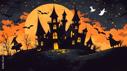 Spooky Halloween castle with glowing windows bats circling the turrets witches in pointed hats zooming by and ghosts playfully floating above the moat