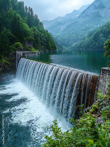 Hydroelectric dam releasing water, green energy, power station surrounded by nature