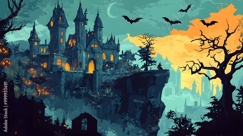 A spooky castle on a cliff bats circling above witches stirring potions on broomsticks and transparent ghosts haunting the forest in a comic-style scene