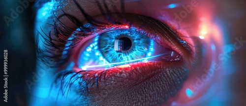 Close up of a glowing blue eye with red rim.