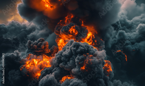 Dramatic explosion with dark smoke and fire, creating intense clouds of destruction, energy, and chaos in a powerful display of force