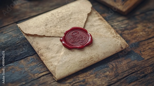 Vintage Letter Sealed with Wax Stamp on Rustic Wooden Table - High-detail Close-up of Old-fashioned Stationery