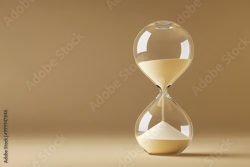 A glass hourglass with sand in it is on a blue background. Concept of time passing quickly and the fleeting nature of time