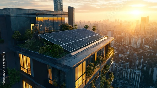 Solar Panel Roof Apartment Building on Cityscape. High-rise Modern Building with Solar Battery Station on Flat Roof in Green City. Solar Energy Efficiency.