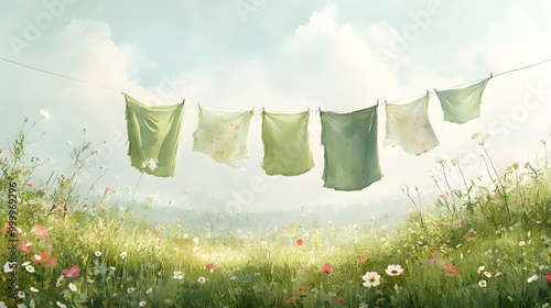 Green shirts drying on a line in an open meadow, wildflowers in bloom around, gentle breeze moving the fabric, watercolor, pastel tones, ethereal.