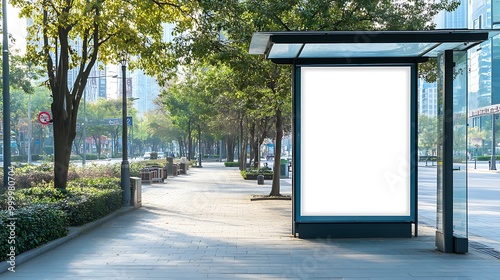 A blank white poster on the side of a bus stop shelter, with a clean glass structure and surrounding city streets in the background.