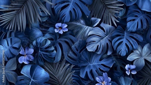 A seamless tropical pattern featuring indigo-colored Hawaiian plants, monstera leaves, sabal palms, and guzmania flowers