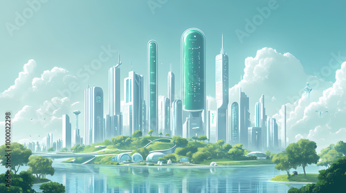 Futuristic utopia megacity concept. green eco friendly metropolis illustration. generative ai. AI Utopia. Illustration