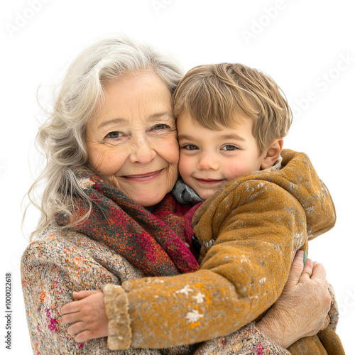 Grandmother hugging her grandchild on a transparent background 