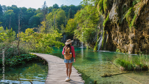 A tranquil stroll along the wooden paths of Plitvice Lakes in Croatia, surrounded by nature's beauty