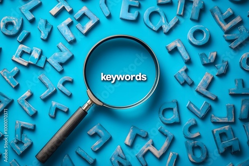 A magnifying glass highlighting the word "keywords" in the middle of several unrecognizable symbols that resemble letters. The importance of the keywords in search engines.