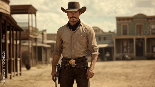 A confident cowboy stands in the dusty streets of an old western town during sunset