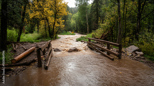 A forest trail completely transformed into a raging river, as flash floods caused by heavy rains rush through