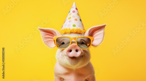 Adorably Dressed Pig Wearing Party Hat and Glasses on Yellow Background