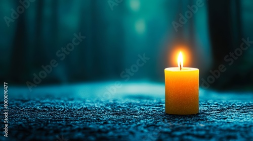 A solitary yellow candle illuminates a dark, serene forest background, exuding a sense of peace and solitude, perfect for themes of meditation, tranquility, or remembrance,